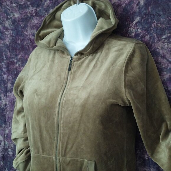 Vintage Y2K Plush &Lush Velour Hoodie Top Jacket Lady-M Zip Pockets Shimmer Tan - Picture 6 of 14
